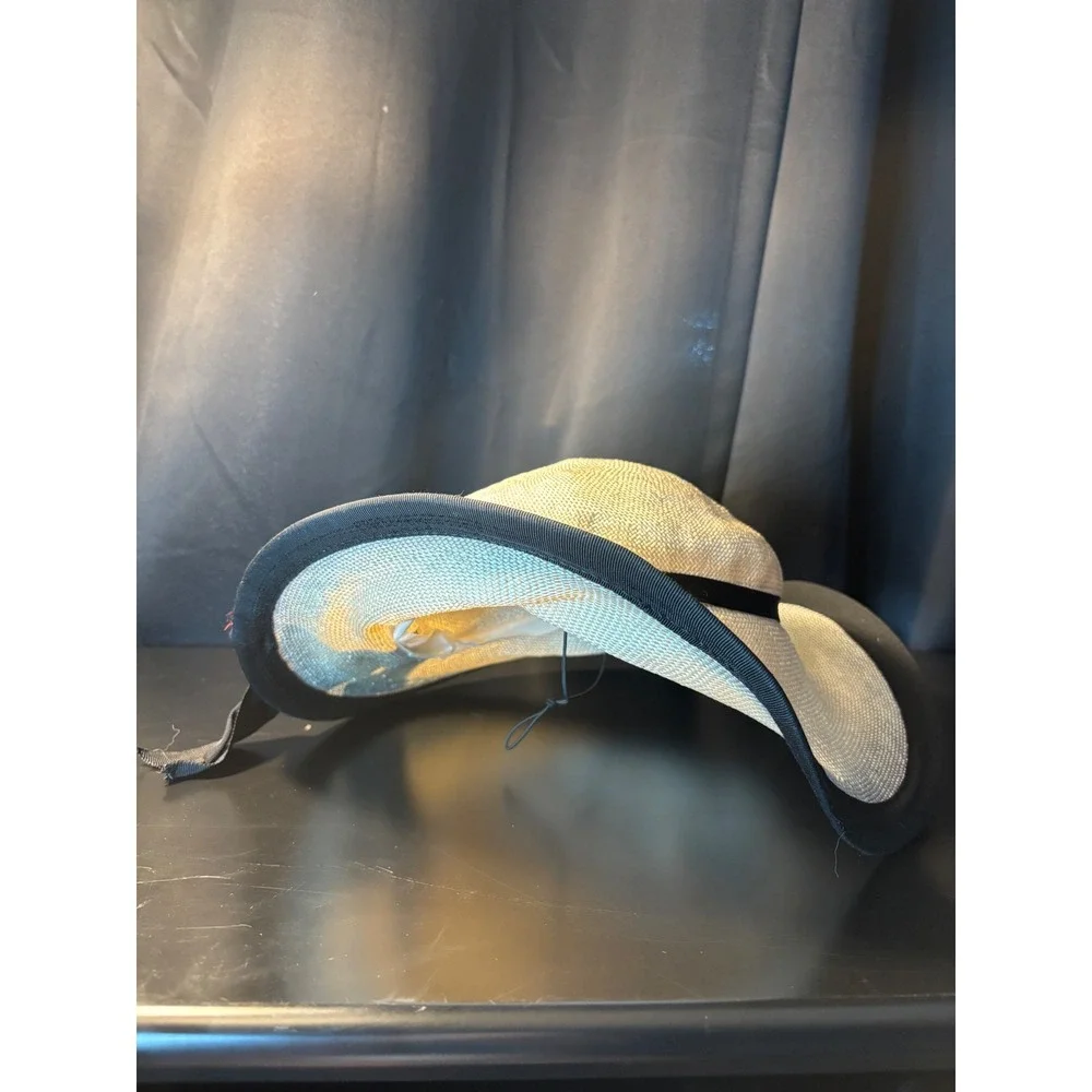 Woven Straw Sun Hat Wide Brim Cream Black Grosgrain Ribbon Bow Chin Strap